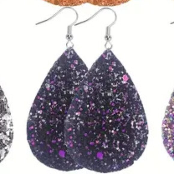 🟢3/$15 Teardrop Dangle Earrings PU Leather Purple Black Pink 2.95 Drop New - Picture 7 of 11